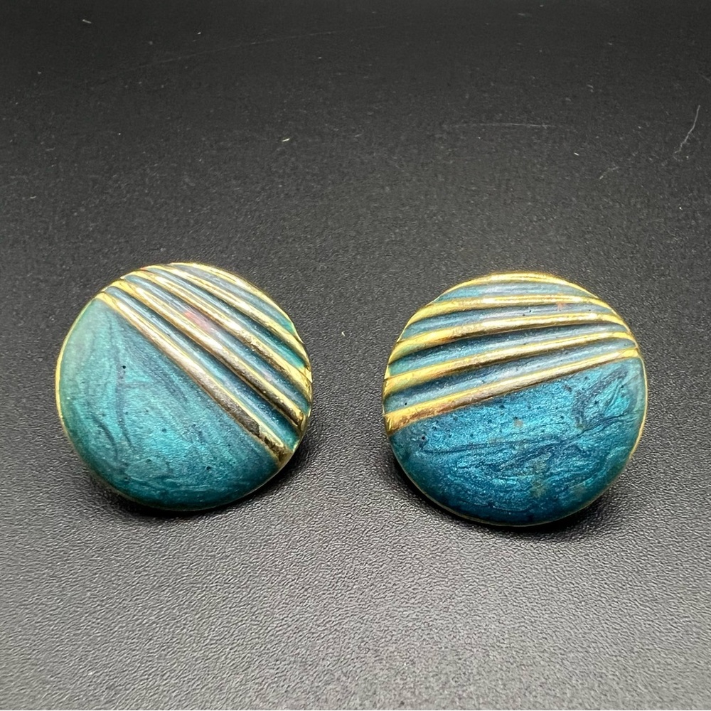 Vintage Teal and Gold Tone Round Earrings